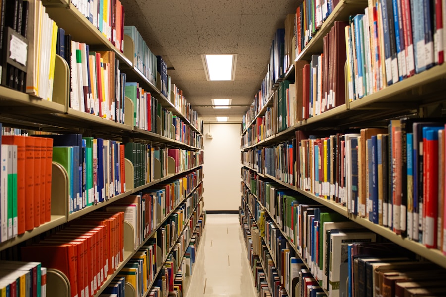 A library aisle lined with shelves of books